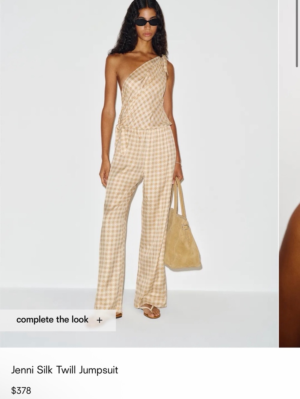 Reformation Jenni One-Shoulder Jumpsuit in Beige and Cream Plaid